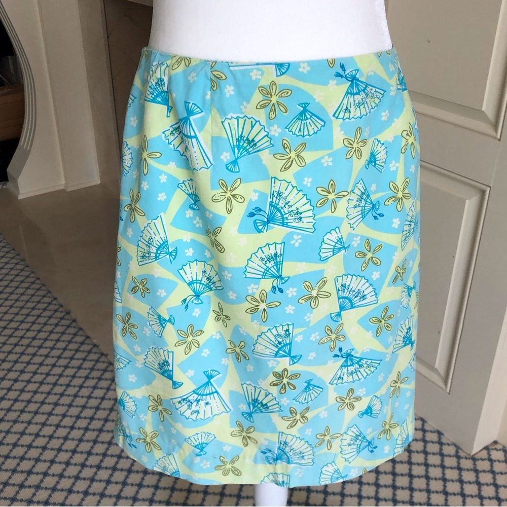 Lilly Pulitzer Blue and Lime Fan-Print A-Line Skirt